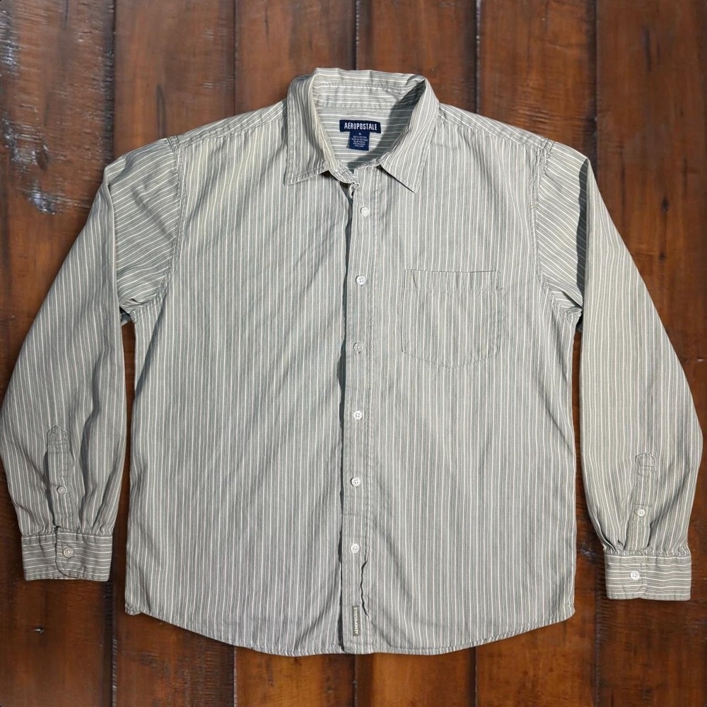 Aeropostale Striped Button Up Shirt Men's Medium Green White Cotton Y2K Casual